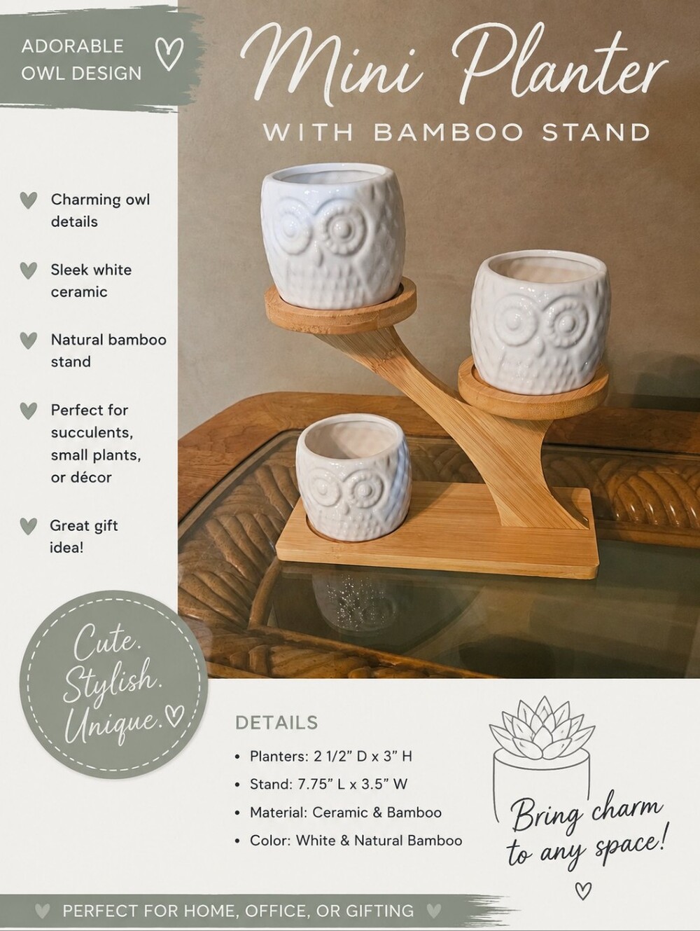 White Owl Mini Planters Set of 3 with Bamboo Stand Home Decor